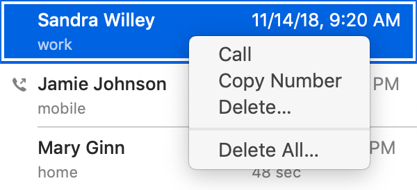 Call history context menu